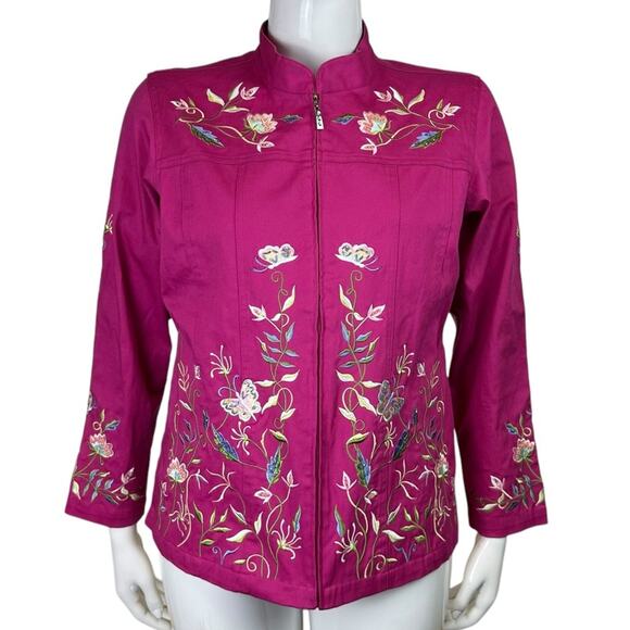 Quacker Factory Jacket Floral Butterfly Embroidered Full Zip Hot Pink Size Large - Picture 1 of 10